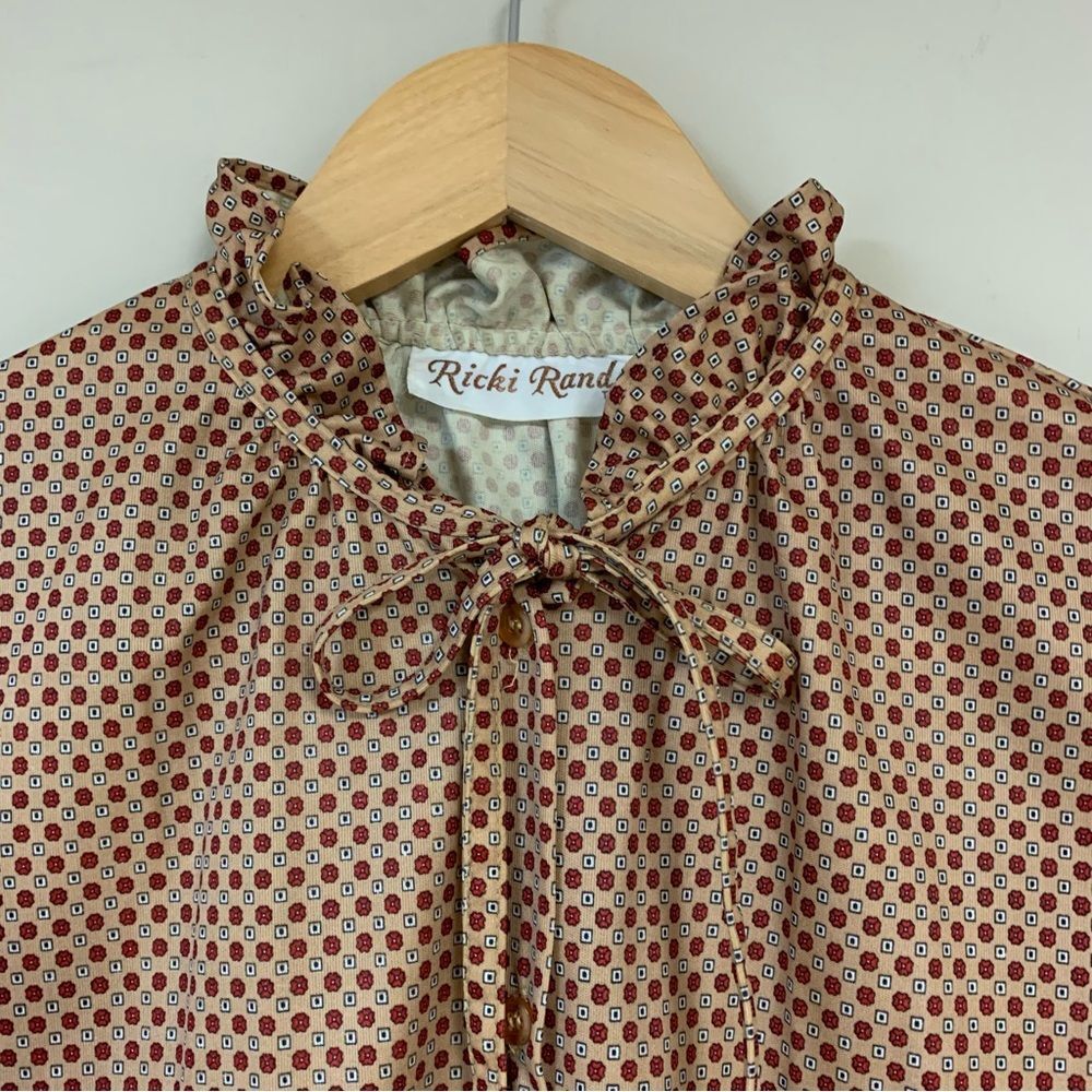Vintage 60s 70s Mod Blouse Women’s Medium Ruffle Tie Neck Retro Pattern Classic